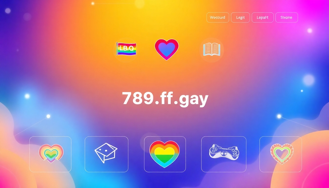 Vibrant illustration of a welcoming online LGBTQ+ community connected via https://789f.gay with engaging icons and inclusive symbols.