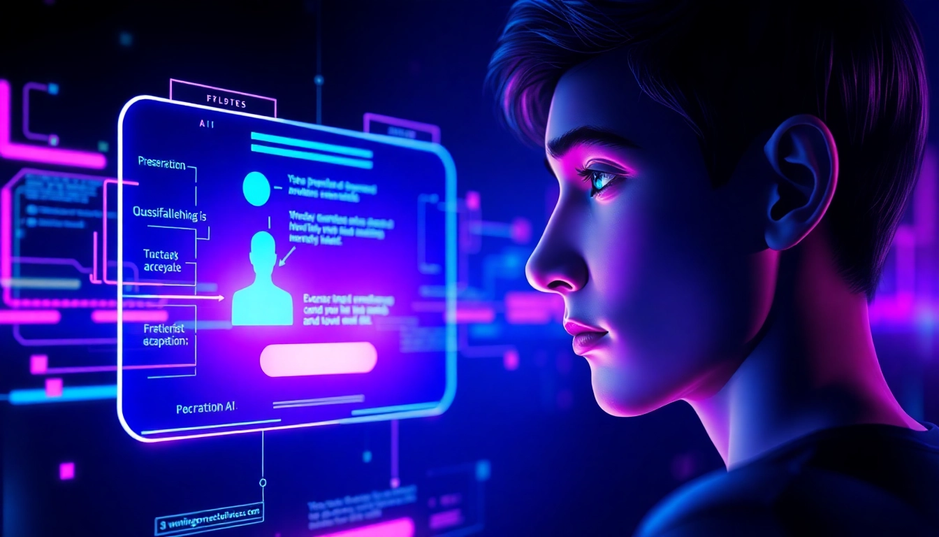 Futuristic digital scene of a person interacting with a glowing AI hologram in a dark, high-tech environment.