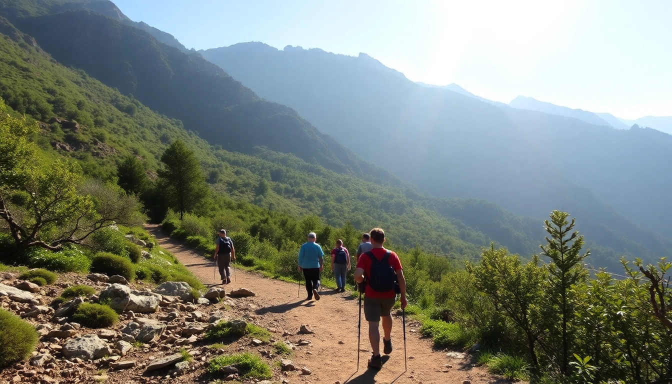 A guide leading a guided trek through scenic mountain landscapes, with hikers exploring natural trails and vibrant flora.