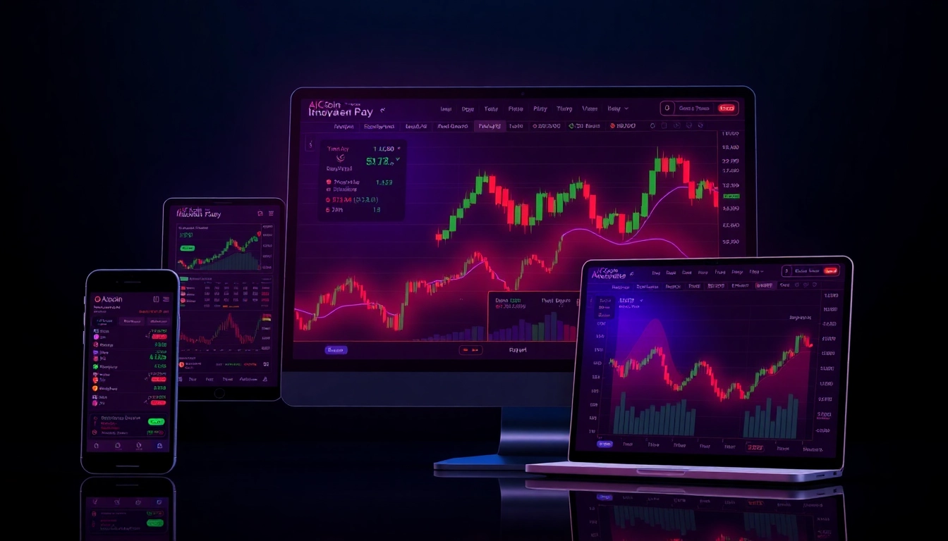 Interactive AICoin trading platform with real-time charts and market data on a sleek screen, highlighting secure crypto analysis and trading features.