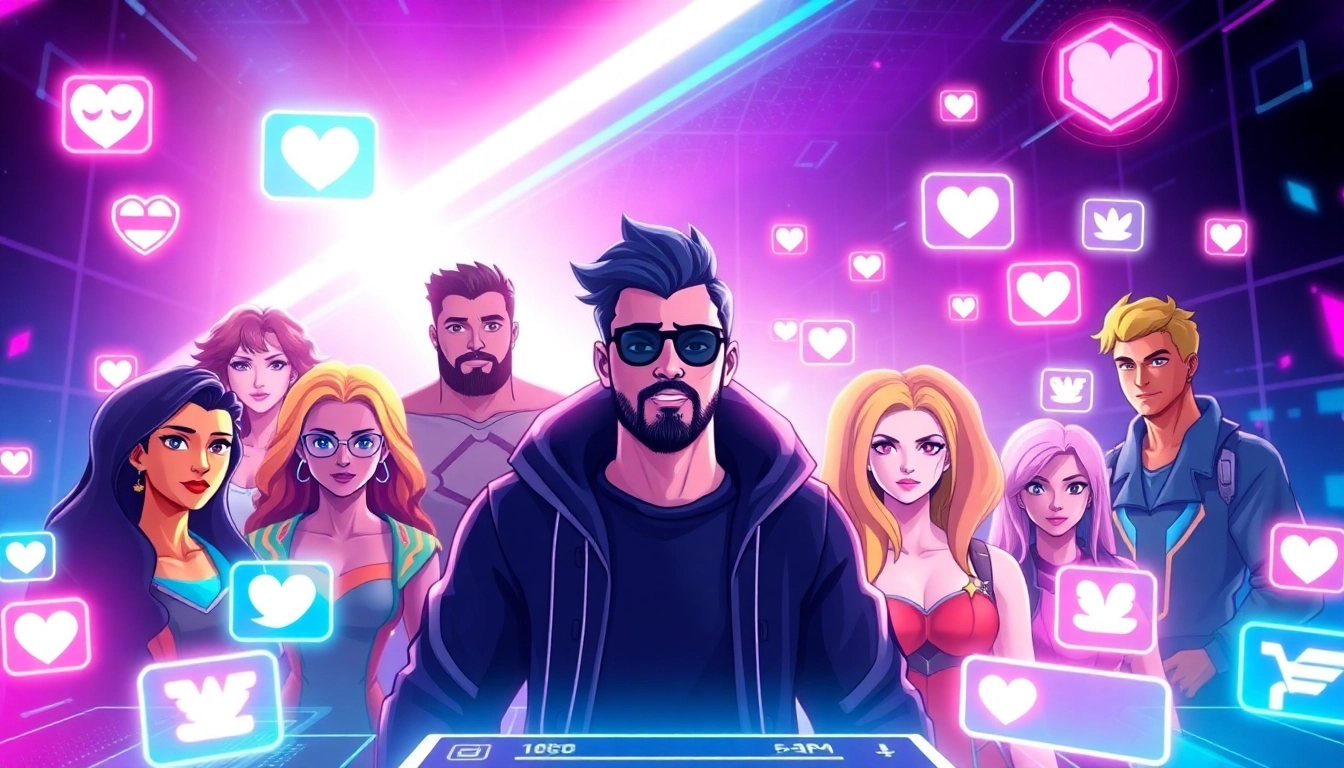 A colorful digital illustration of a futuristic social media platform with avatars and holographic UI elements, representing online interaction and virtual fame.
