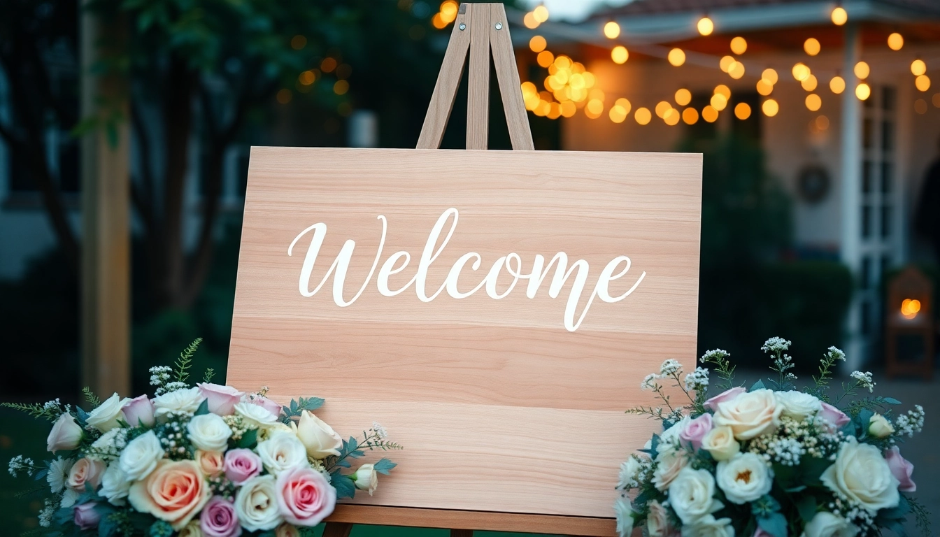 Beautiful wedding welcome sign with personalized design on a wooden board, perfect for outdoor wedding greetings.