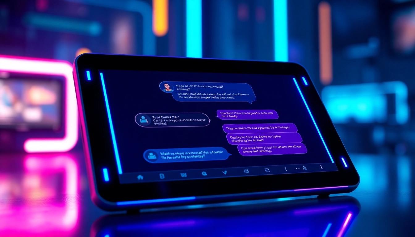 A futuristic tablet displaying a vibrant AI chatbot conversation interface with glowing accents and a sleek design.