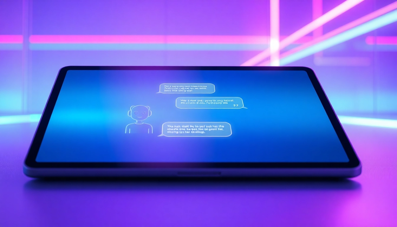 Futuristic chat interface on a tablet with glowing text bubbles and high-tech background