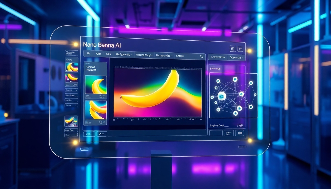 Futuristic AI interface showcasing advanced image editing capabilities with vibrant visuals and digital data overlays in a modern lab setting.