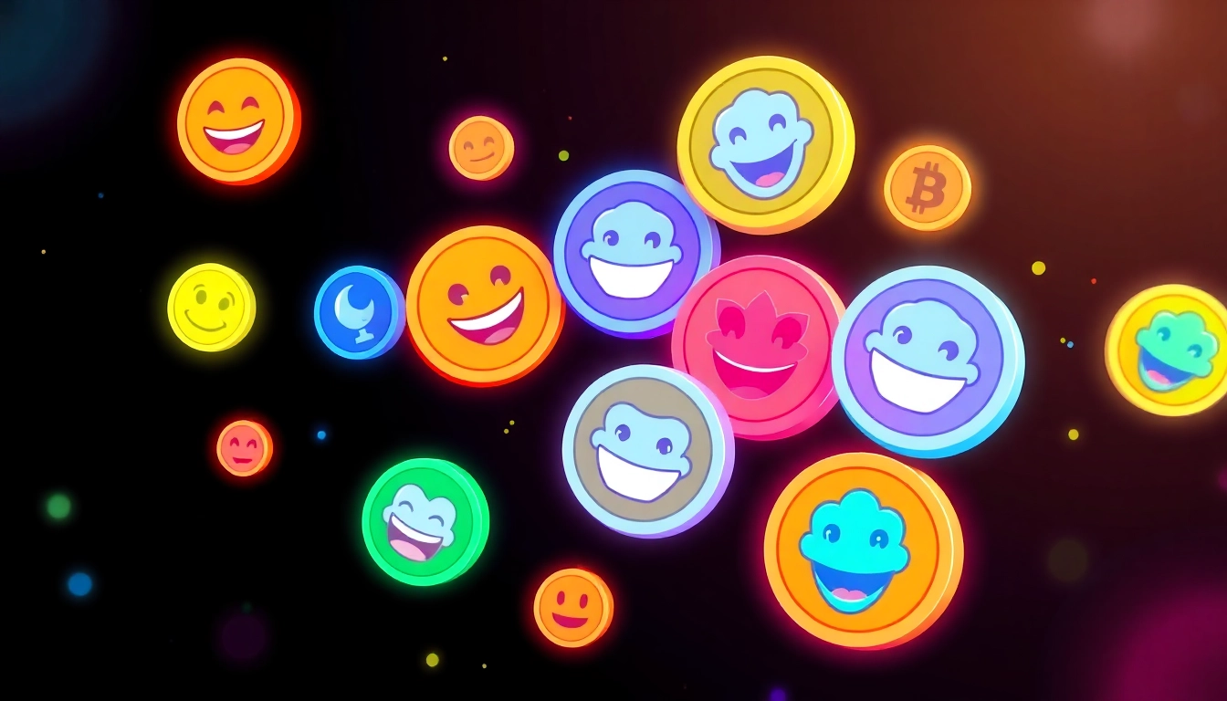 Memecoin enthusiast analyzing colorful meme coins on a digital trading screen to highlight