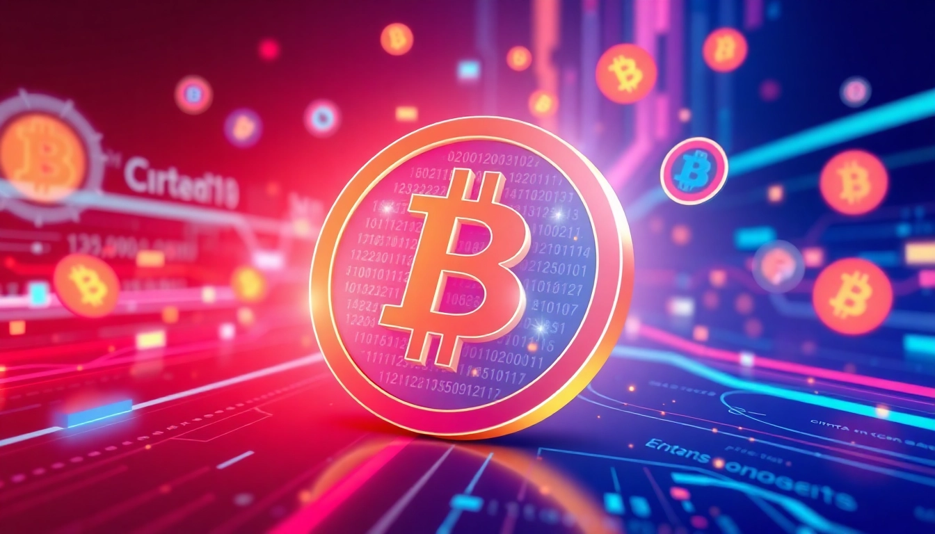 Dynamic visual of a shiny memecoin surrounded by blockchain and digital code, highlighting the