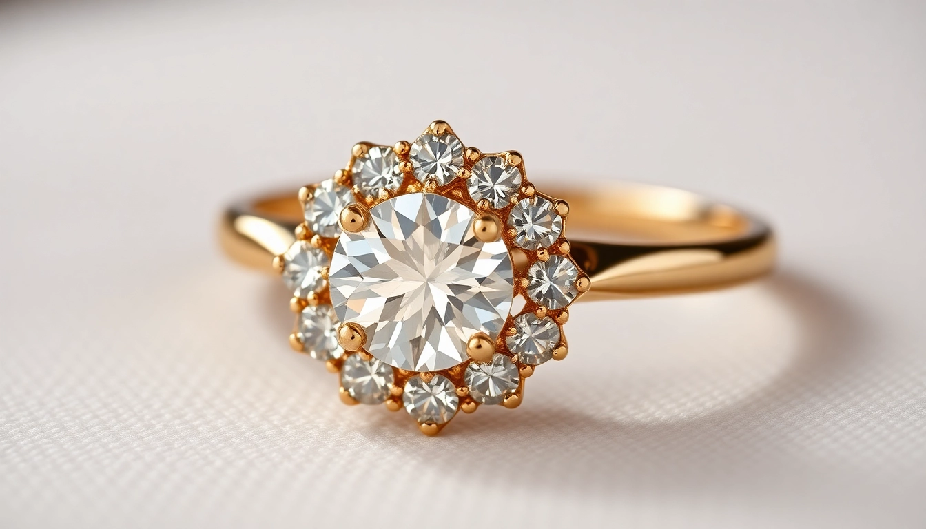 Halo suzadetuviu ziedas featuring sparkling diamonds and a glowing setting, perfect for