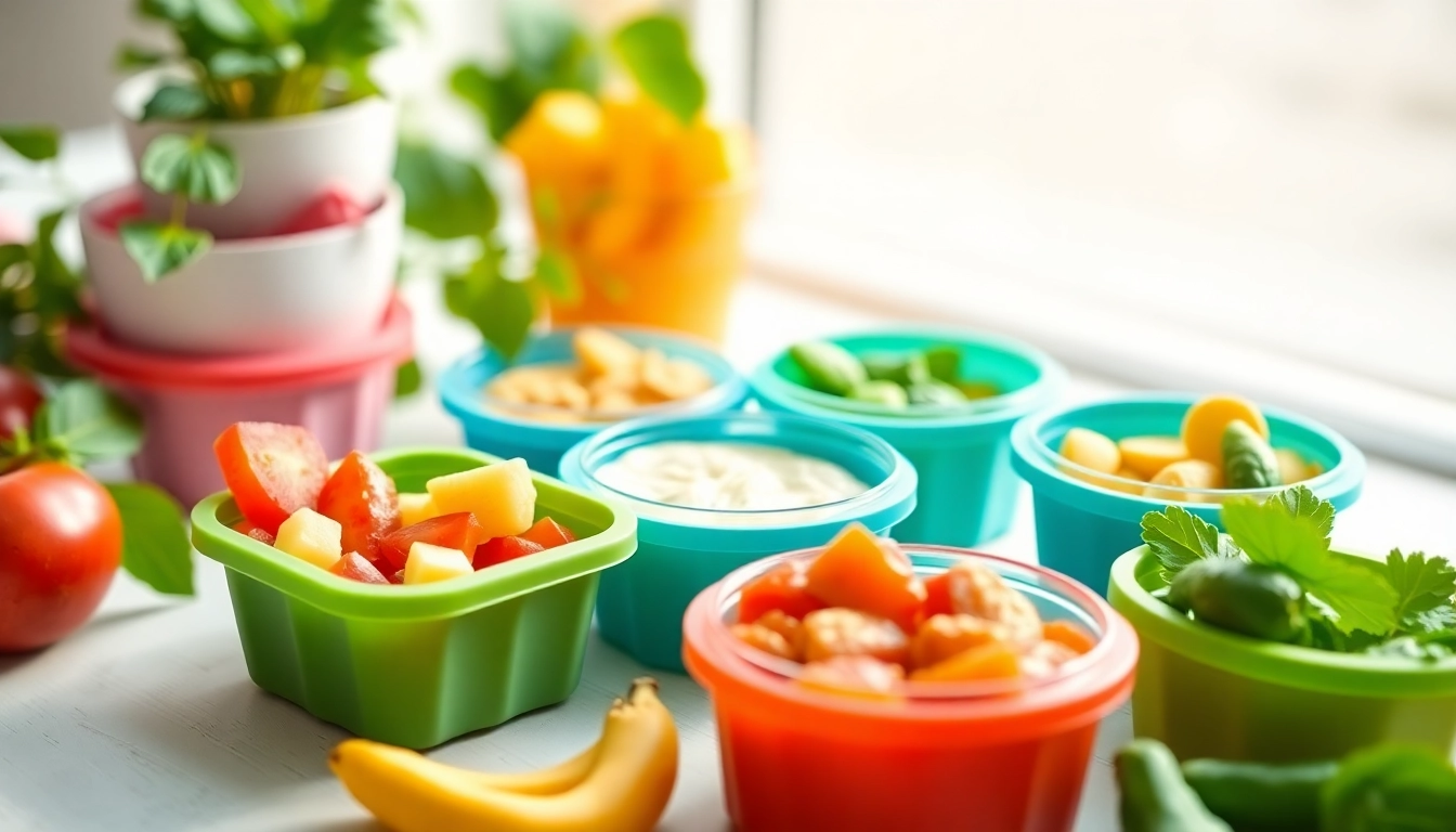 Healthy baby food Made in Italy presented in colorful silicone bowls with fresh vegetables and