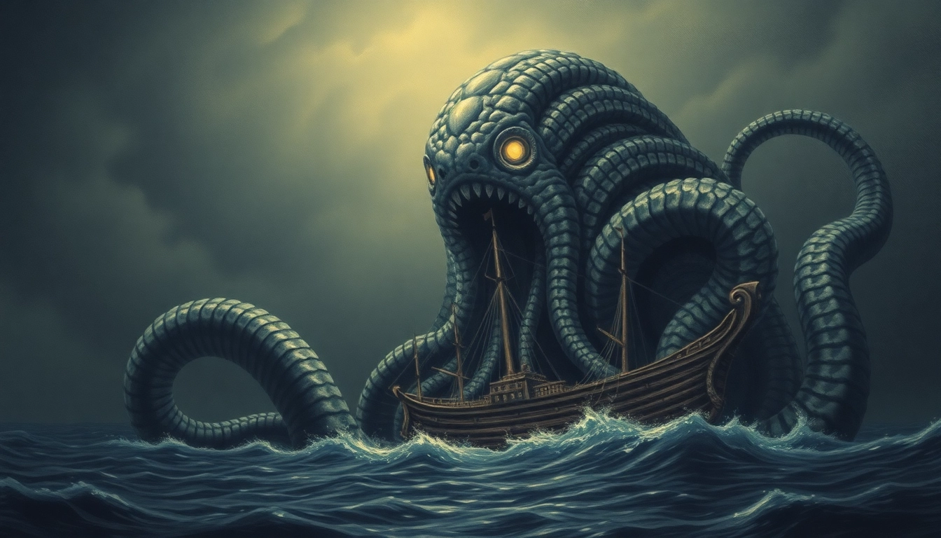 Realistic depiction of a giant kraken with massive tentacles approaching a ship, tied to